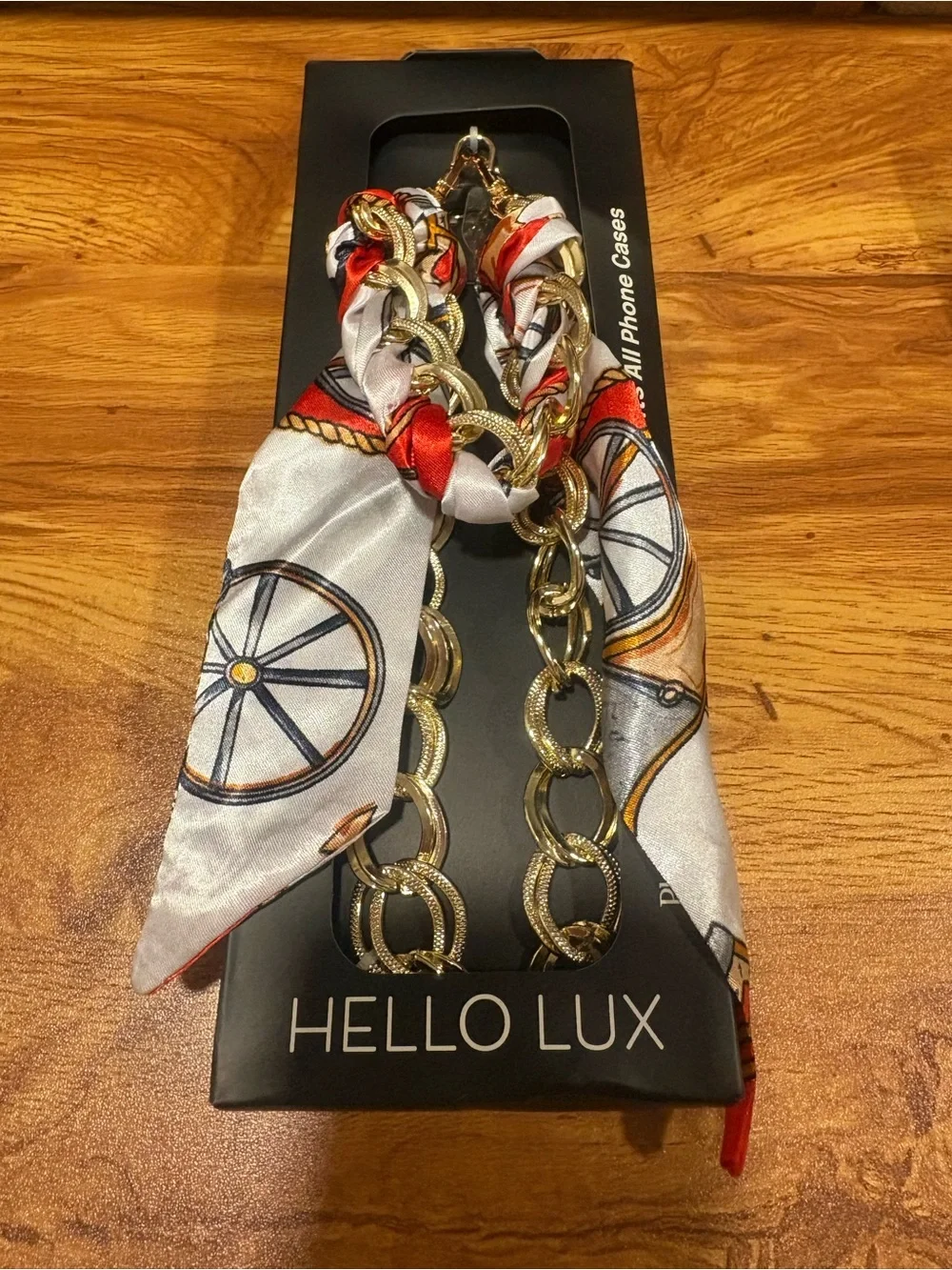 Gold Chain Phone Strap with White and Red Scarf